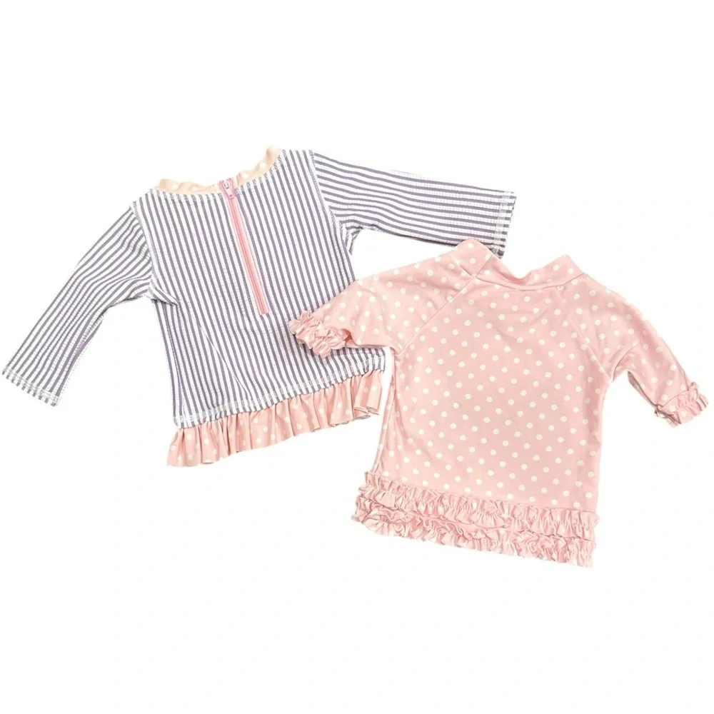 NWT Ruffle Butts Pair Ruffled Rash Guards SPF Seersucker Polka Dot 3-6 Months - Picture 2 of 6